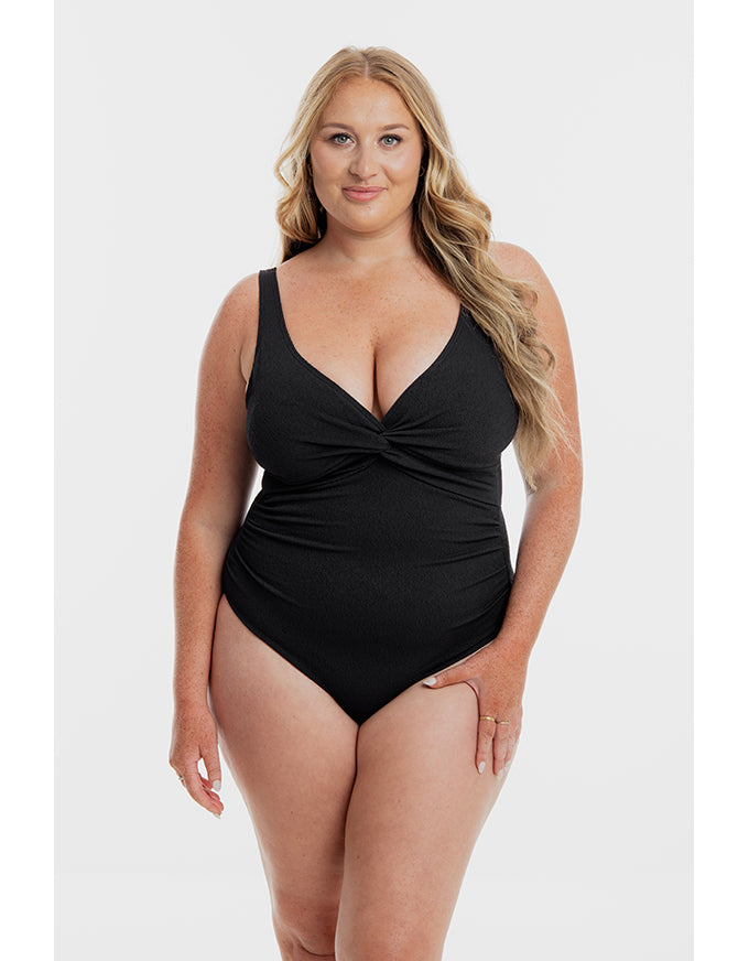 Black Pebbled Textured Twist One Piece