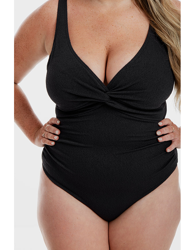 Black Pebbled Textured Twist One Piece