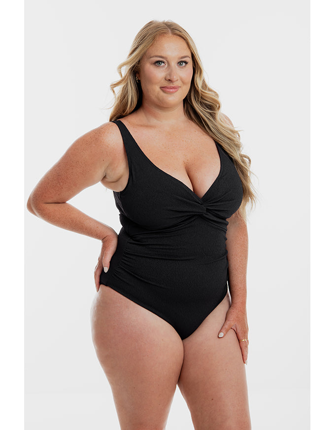 Black Pebbled Textured Twist One Piece