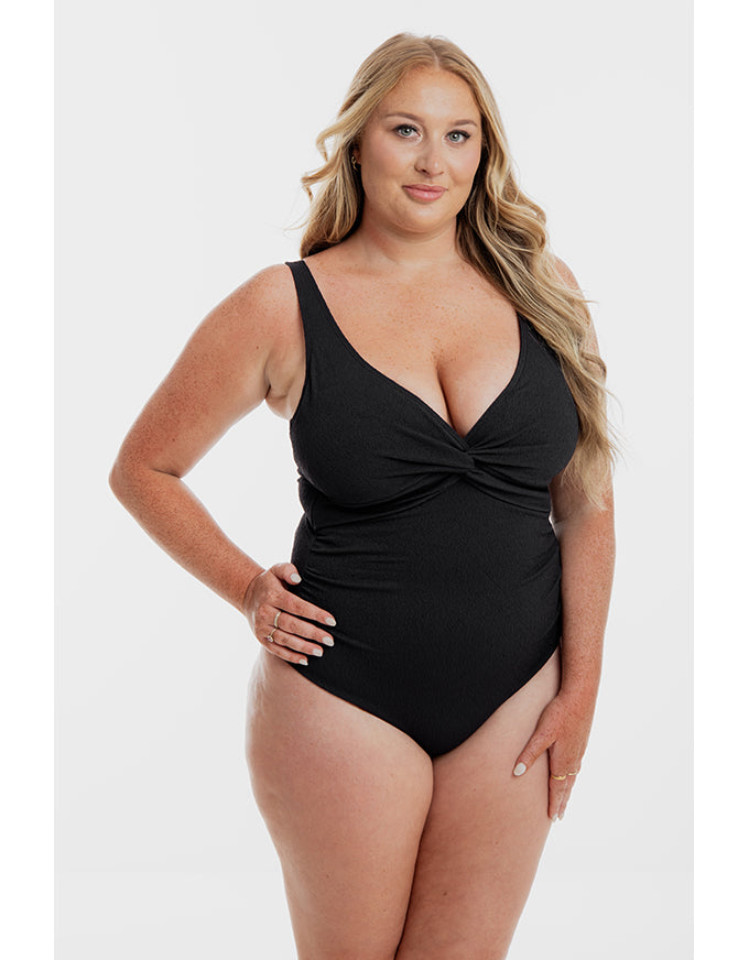 Black Pebbled Textured Twist One Piece
