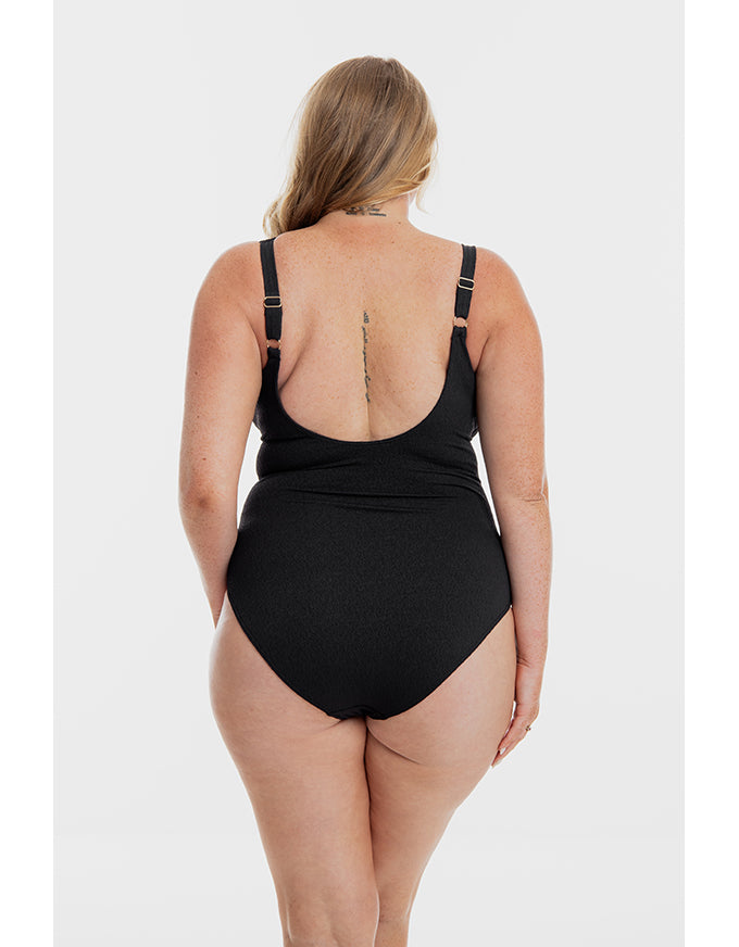Black Pebbled Textured Twist One Piece