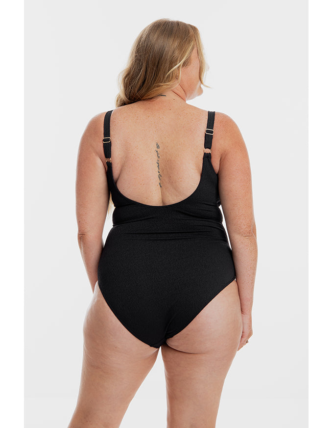 Black Pebbled Textured Twist One Piece