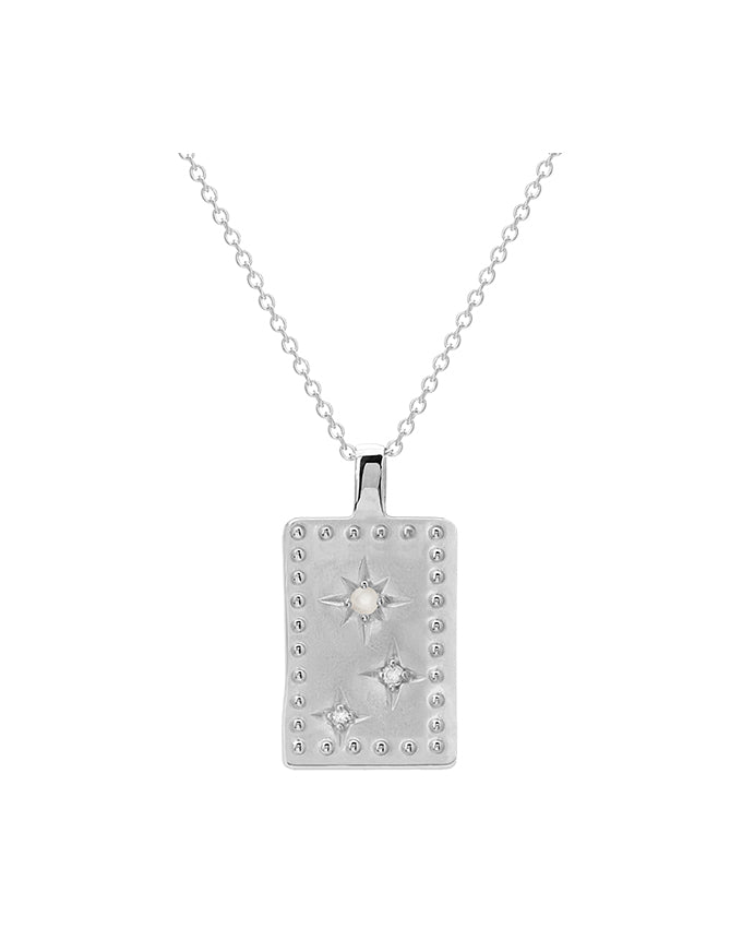 Silver necklace with a rectangular pendant featuring star designs on a white background