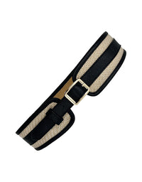 Black and beige belt with a gold buckle on a white background