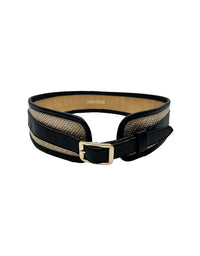 Black and beige belt with a gold buckle on a white background