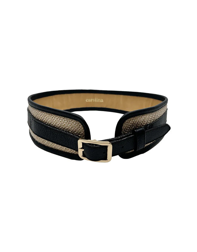 Black and beige belt with a gold buckle on a white background