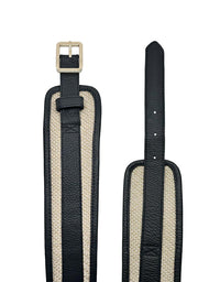Black and beige striped leather strap with a gold buckle on a white background
