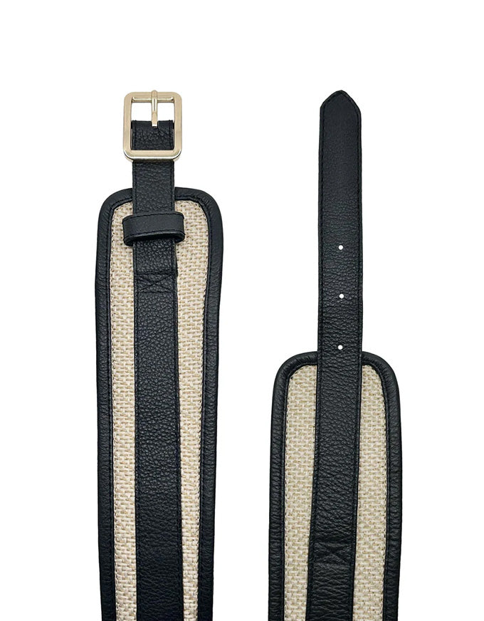 Black and beige striped leather strap with a gold buckle on a white background