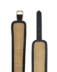 Pair of black leather guitar straps with beige interior on a white background