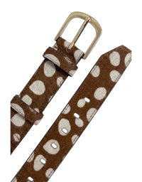 Brown belt with white polka dot pattern and gold buckle on a white background