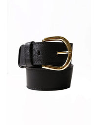 Black leather belt with a gold buckle on a white background