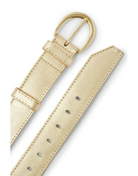 Beige leather belt with gold buckle on a white background