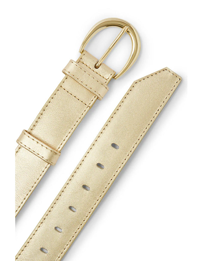 Beige leather belt with gold buckle on a white background