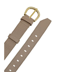 Beige leather belt with a gold buckle on a white background