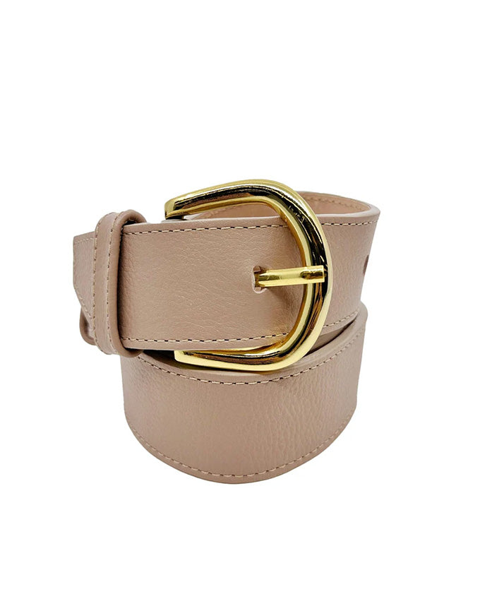 Beige belt with a gold buckle on a white background