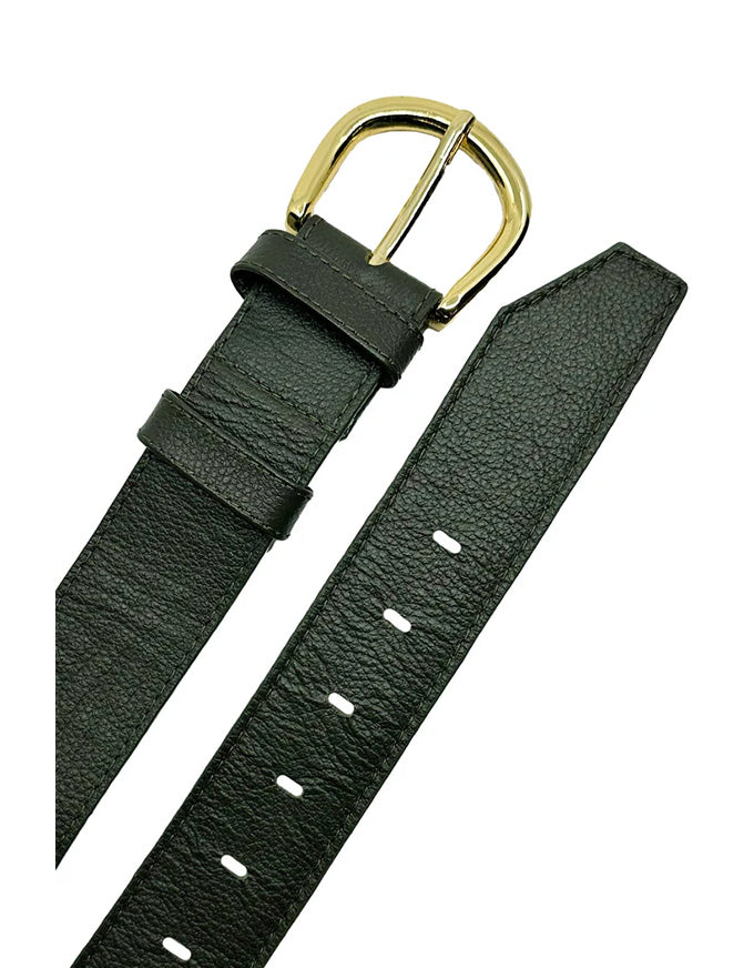 Green leather belt with a gold buckle on a white background