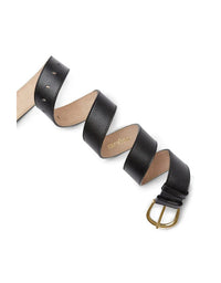 Black leather belt with gold buckle on a white background