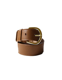 Brown leather belt with a gold buckle on a white background