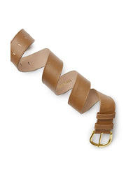 Brown leather belt with gold buckle on a white background