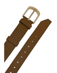 Brown leather belt with a gold buckle on a white background