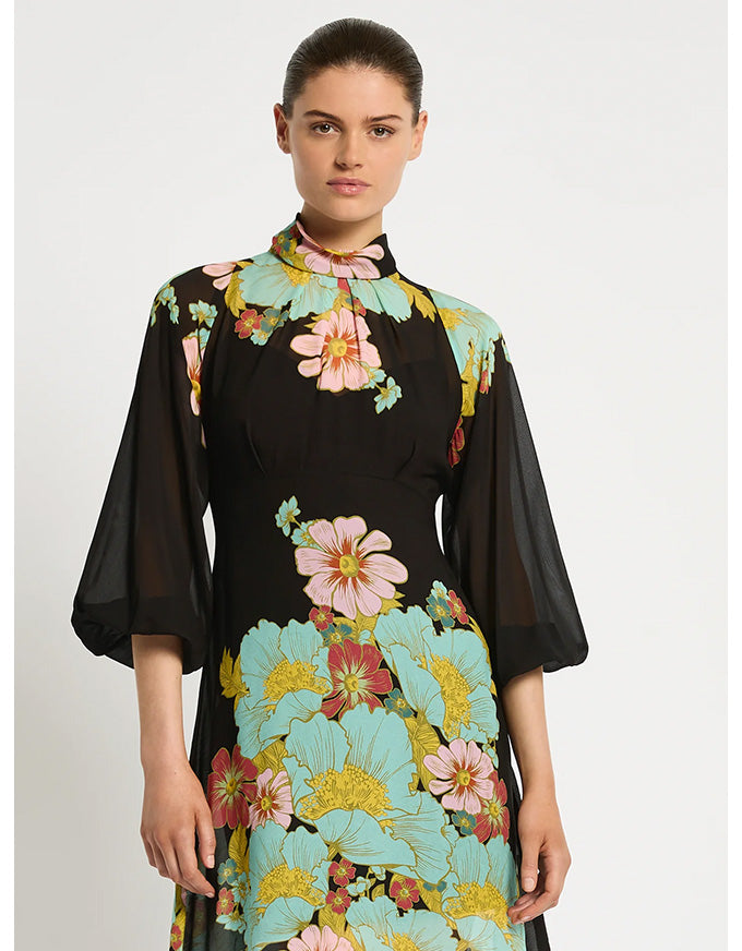 Julia Dress Dark Ink Floral - Australian Made
