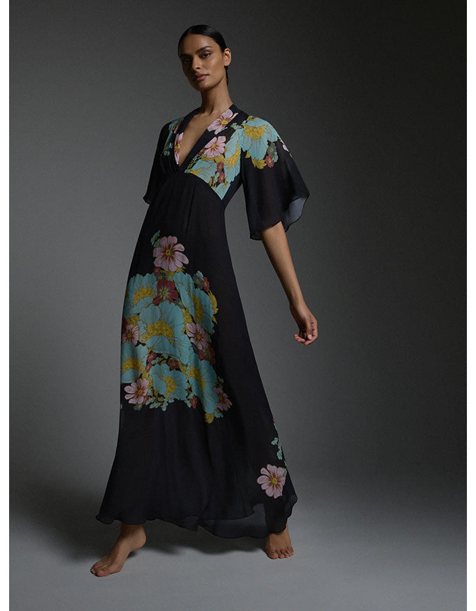 Julia Maxi Dress Dark Ink Floral - Australian Made