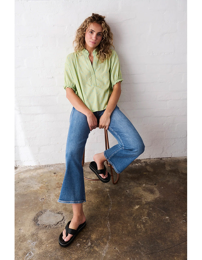 Sara Shirt Green w/Blue Dots
