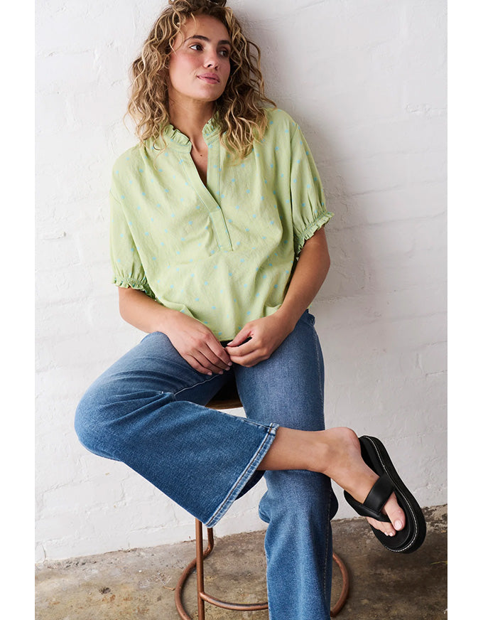 Sara Shirt Green w/Blue Dots