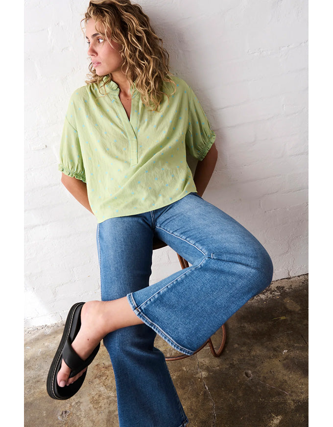 Sara Shirt Green w/Blue Dots