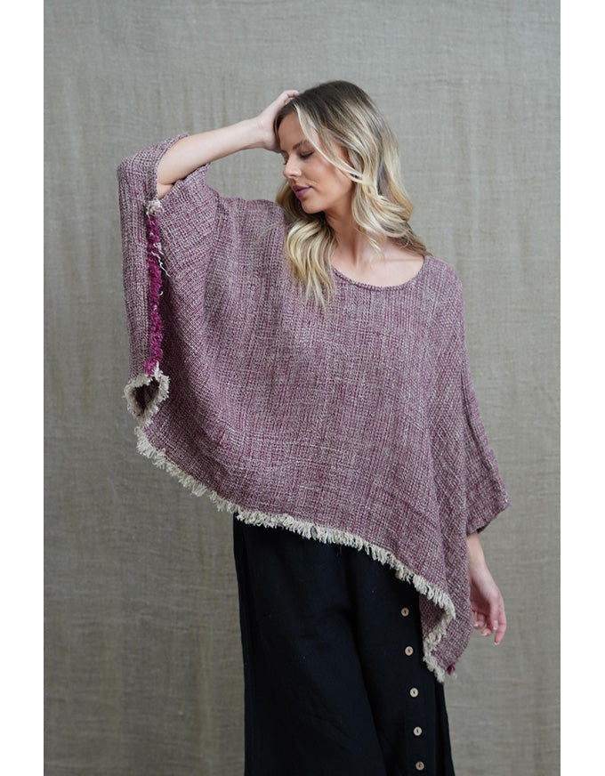 Liza Fringe Poncho Top Burgundy Linen