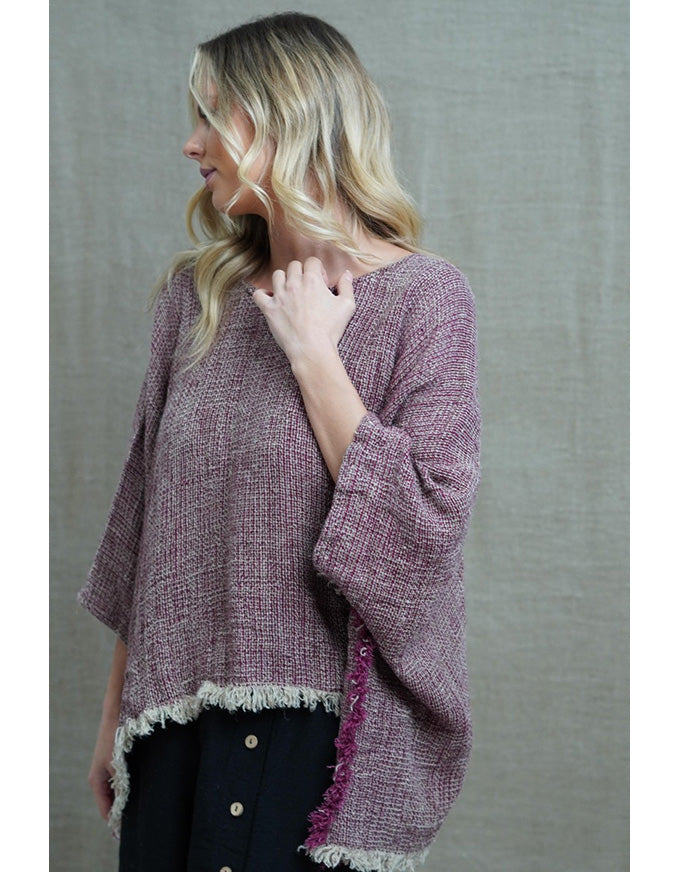 Liza Fringe Poncho Top Burgundy Linen
