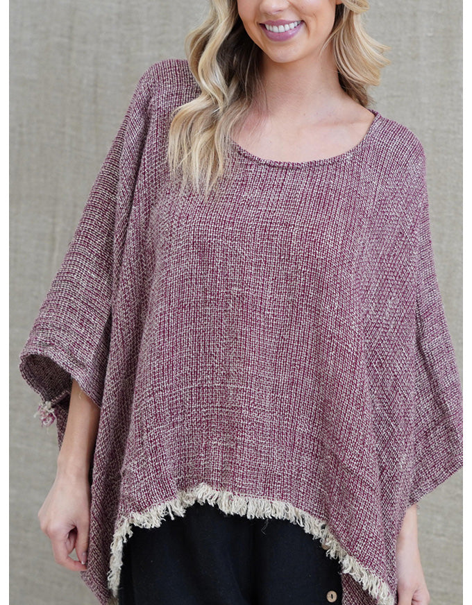 Liza Fringe Poncho Top Burgundy Linen