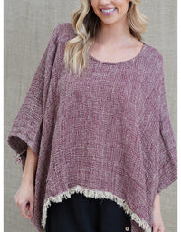 Liza Fringe Poncho Top Burgundy Linen