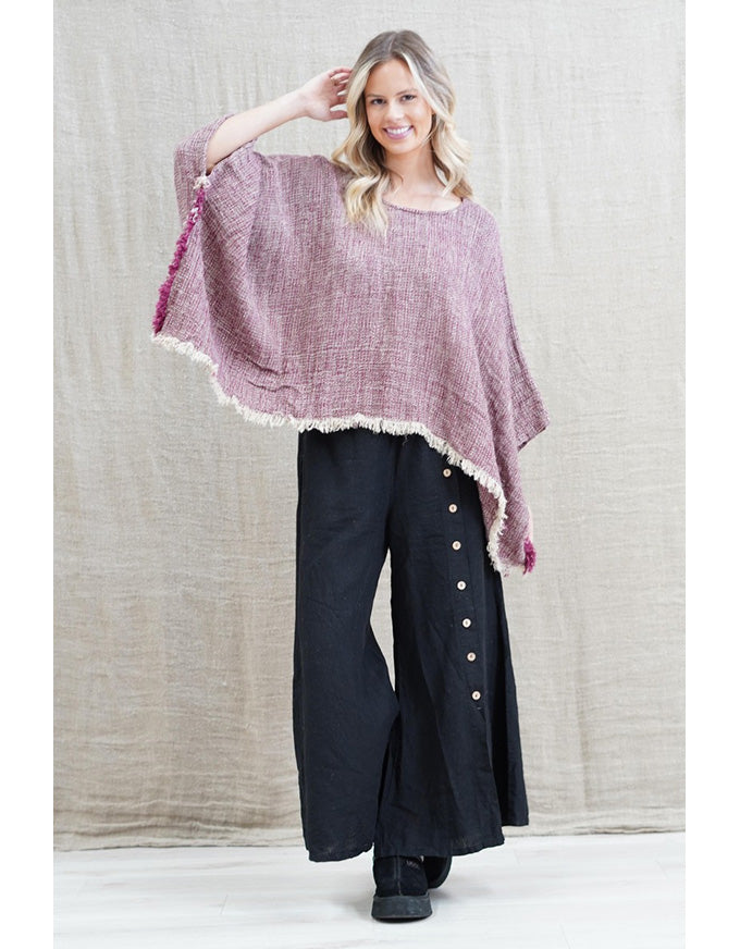 Liza Fringe Poncho Top Burgundy Linen