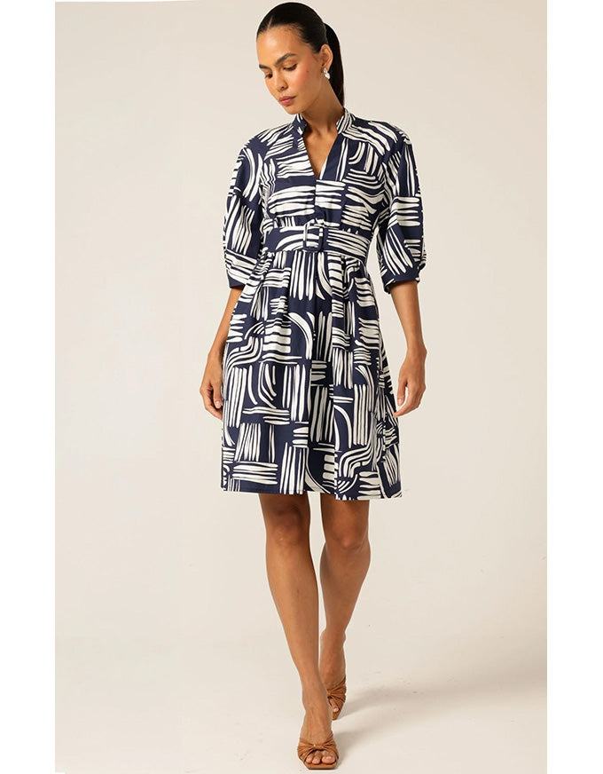 Adele Shift Dress White/Navy Abstract