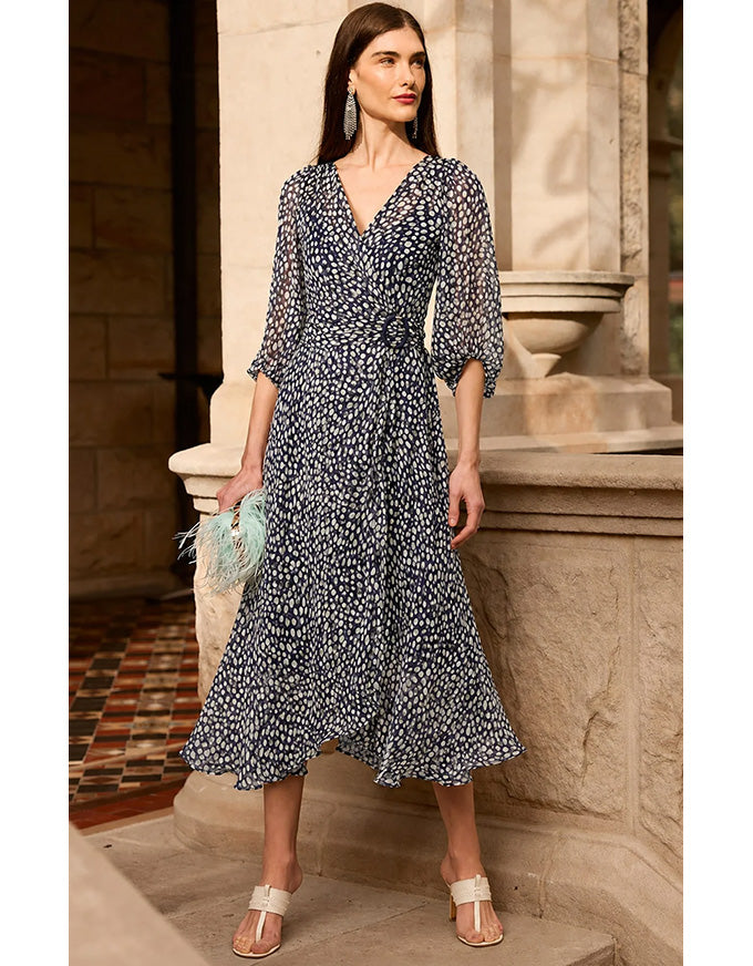 Cloudland Wrap Dress - Navy White Spot