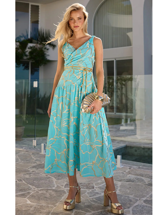 Ithaca Midi Dress Aqua/Gold