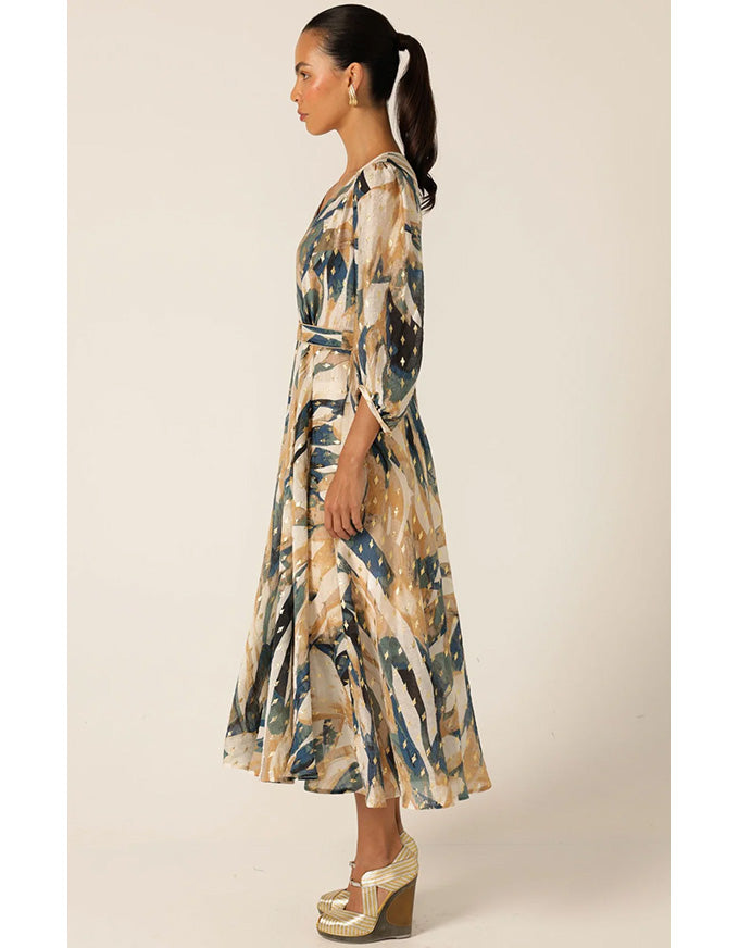 La Mer Midi Dress - Navy Sand Gold