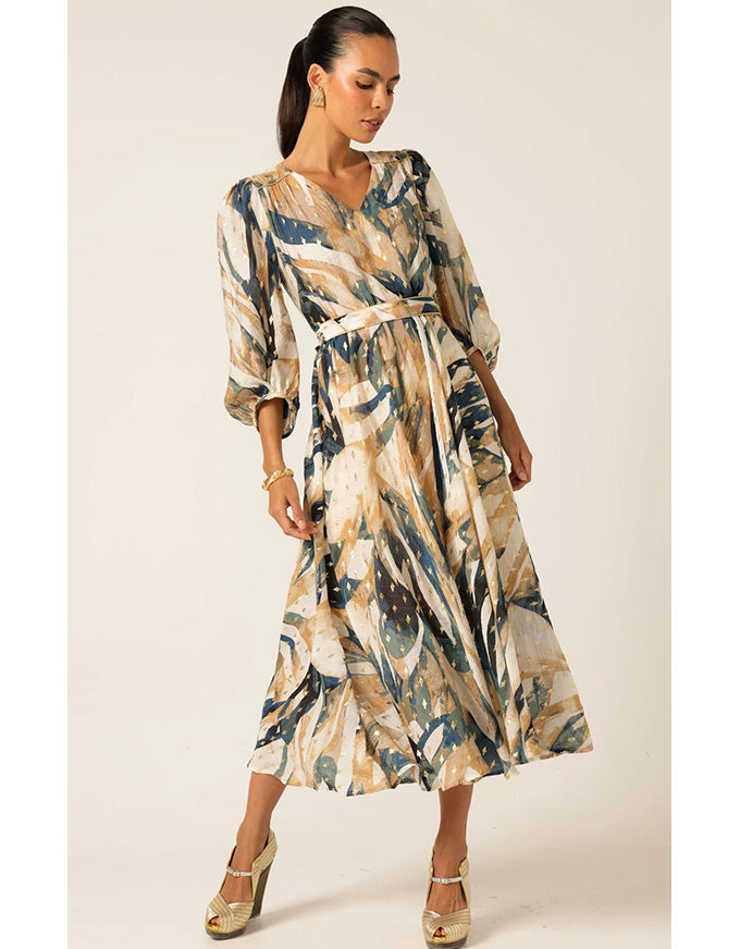 La Mer Midi Dress - Navy Sand Gold