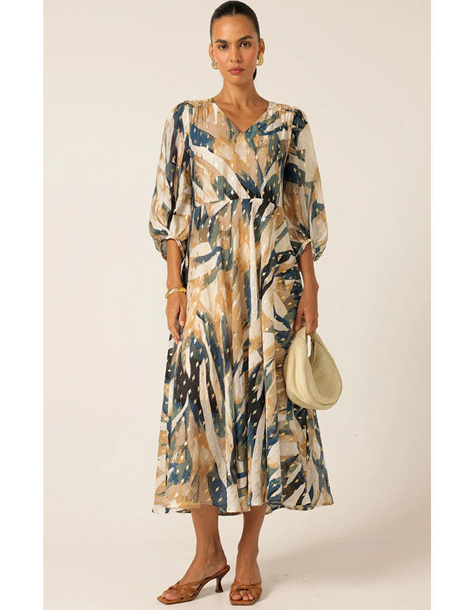 La Mer Midi Dress - Navy Sand Gold