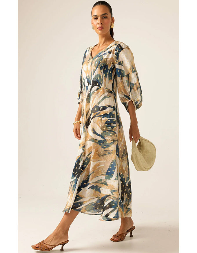La Mer Midi Dress - Navy Sand Gold