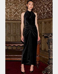 A model wearing a sleeveless black velvet high-neck maxi dress with a gathered ruched waist, standing in an ornate vintage room with patterned wallpaper and wood paneling.