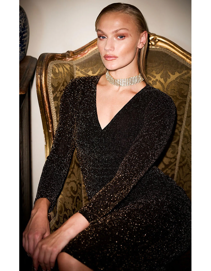 Lenora Midi Dress Black Gold Lurex