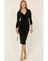 Lenora Midi Dress Black Gold Lurex