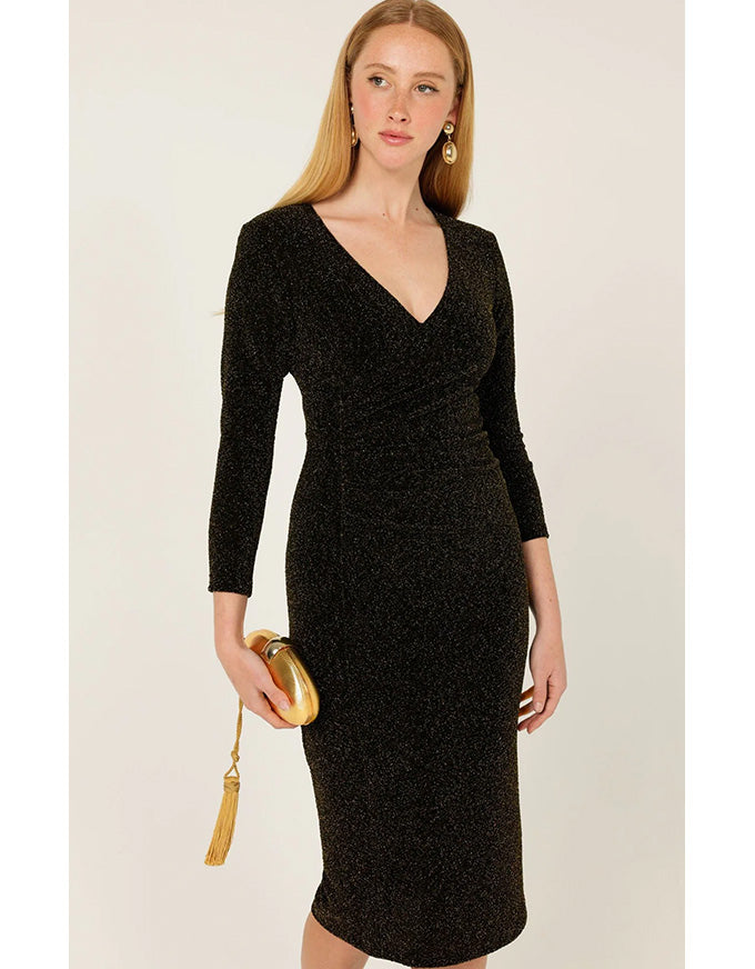 Lenora Midi Dress Black Gold Lurex