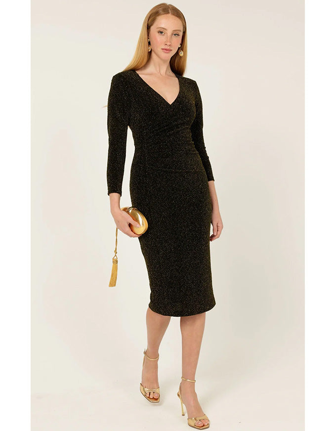 Lenora Midi Dress Black Gold Lurex