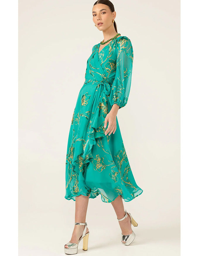 Lorelei Wrap Midi Dress Jade Gold Flora