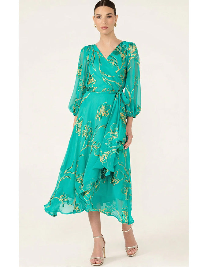 Lorelei Wrap Midi Dress Jade Gold Flora