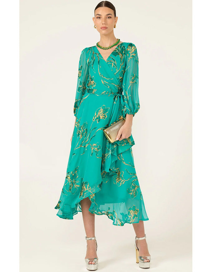 Lorelei Wrap Midi Dress Jade Gold Flora