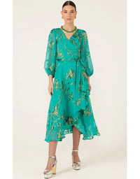 Lorelei Wrap Midi Dress Jade Gold Flora